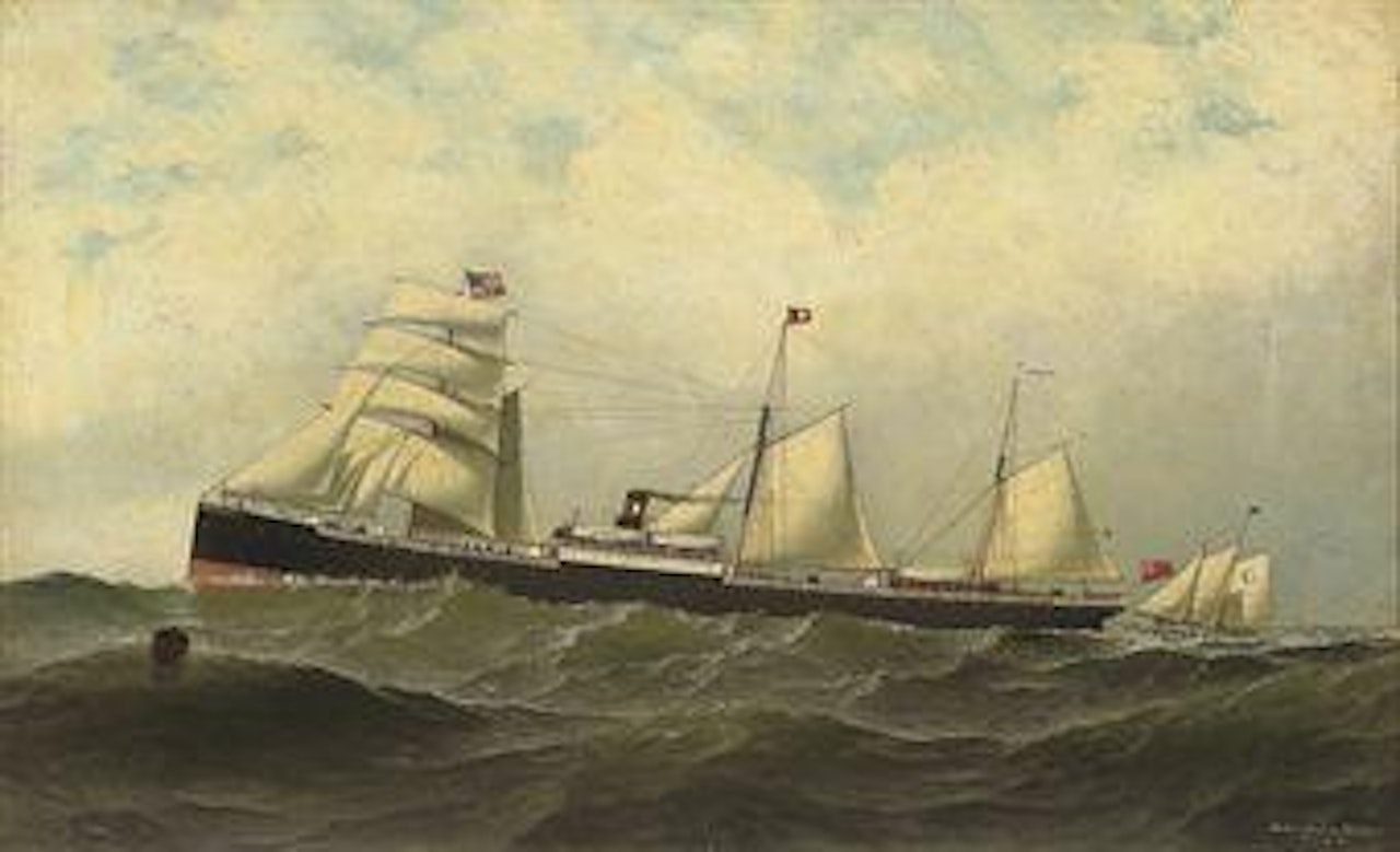 The British auxiliary steamer Cornwall approaching New York with the pilot cutter off her stern by Antonio Jacobsen
