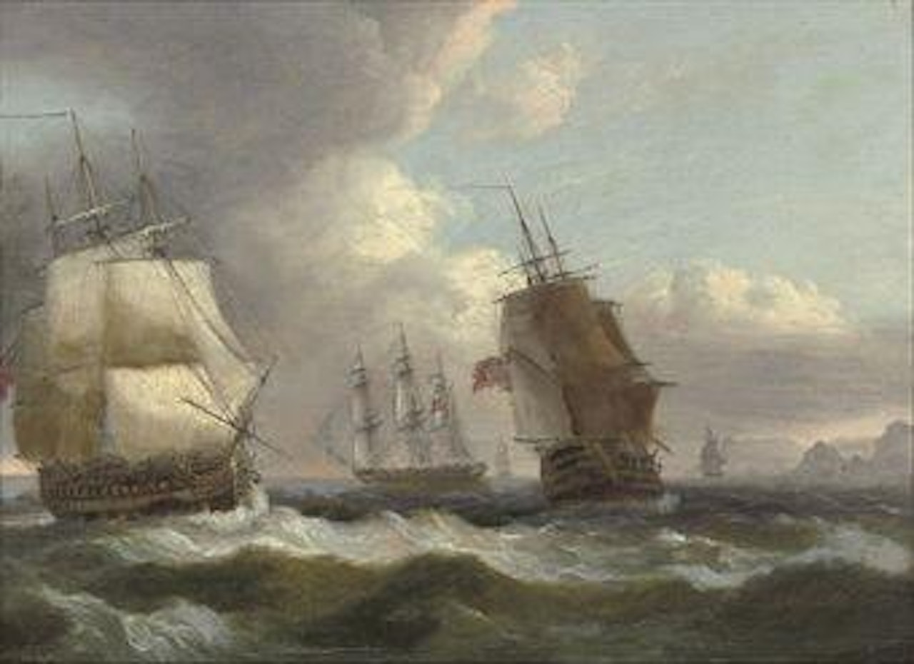 English warships in a stiff offshore breeze by Thomas Luny