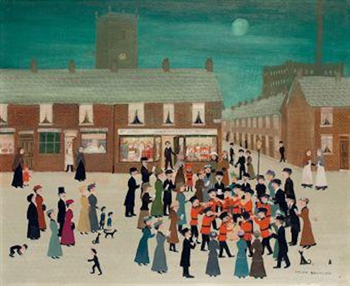 They sang carols in front of Judson's shop by Helen Bradley