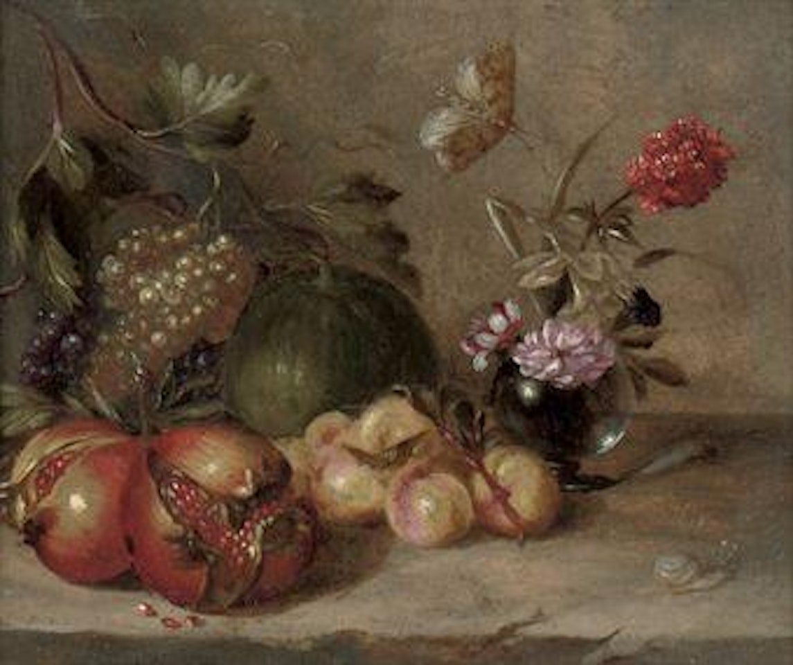 Pomegranates, grapes, peaches and a melon, with peonies in a glass vase on a stone ledge, with a butterfly and a snail by Abraham Brueghel