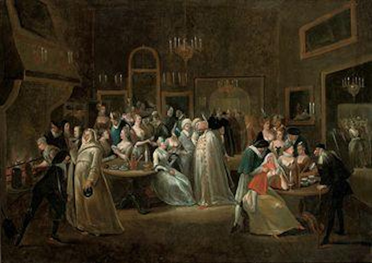 Elegant company taking chocolate at a masquerade ball by Egbert van Heemskerk III