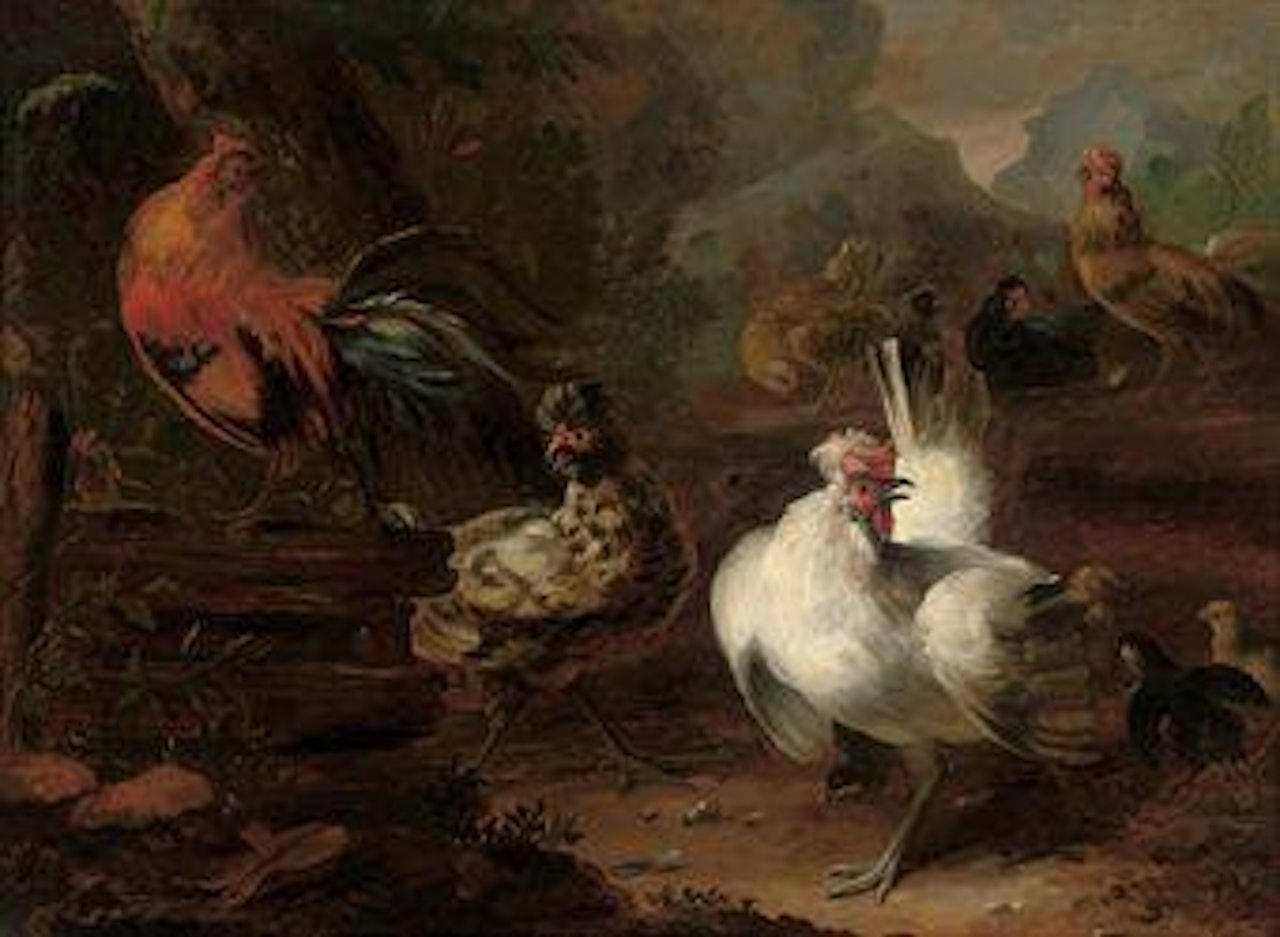 Cockerels, chicks and hens in a wooded landscape, mountains beyond by Melchior de Hondecoeter