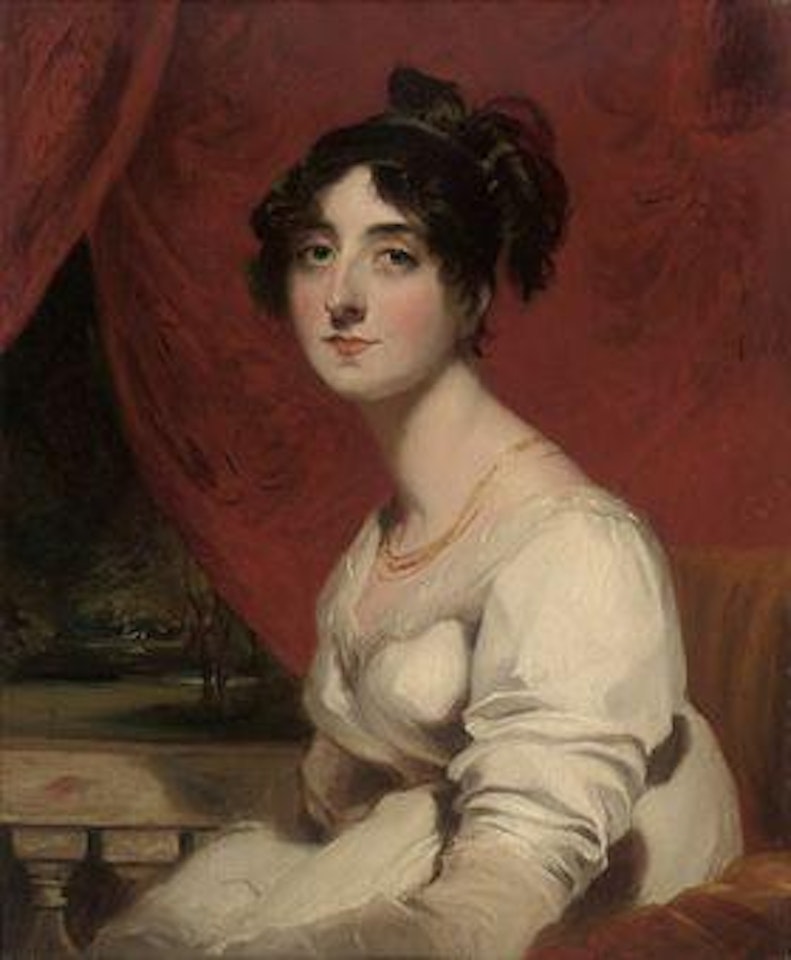 Portrait of Mrs Jeffrey Prendergast, half-length, in a white dress, seated by a balustrade, a red draped curtain and landscape beyond by Sir Thomas Lawrence