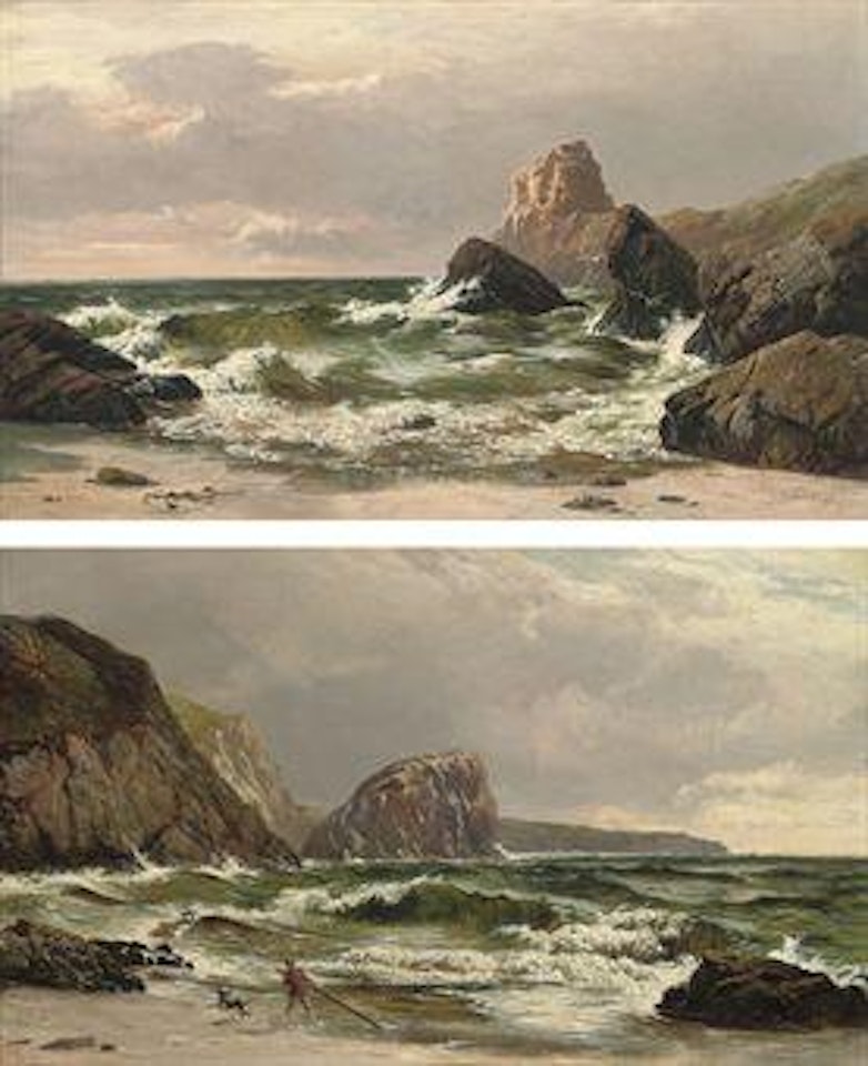 Waves crashing on the coast at dusk; and A boy with his dog playing in the surf by Sidney Richard Percy