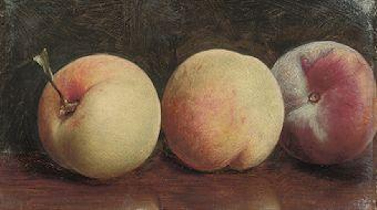 Three peaches on a brown table by JOHN WILLIAM GODWARD, R.B.A.