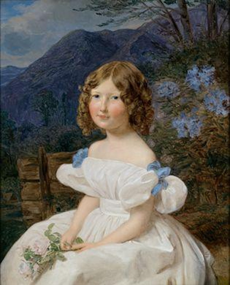 The girl Antonia Seemann in front of a mountain landscape by Ferdinand Georg Waldmüller