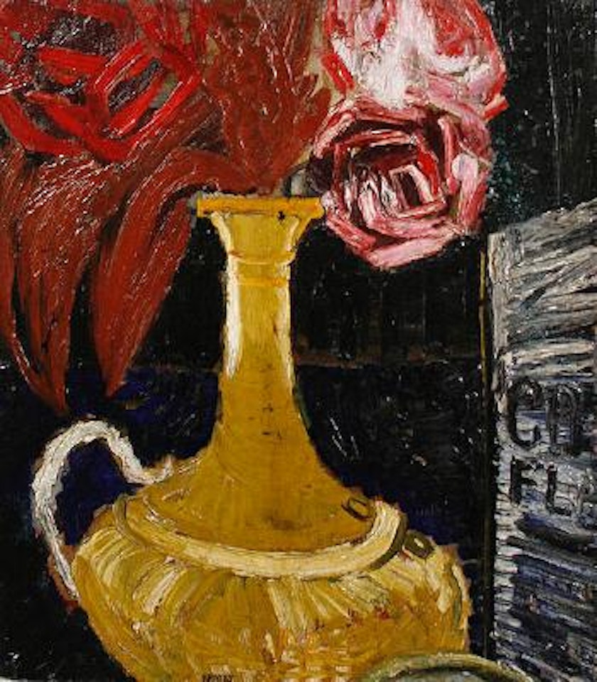 Still life with cornflakes packet and yellow vase by John Bratby