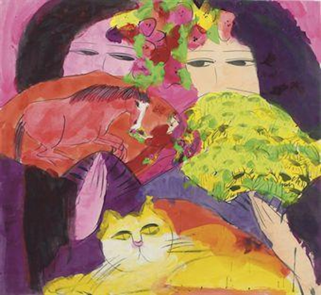 Two ladies with fans and a cat by Walasse Ting