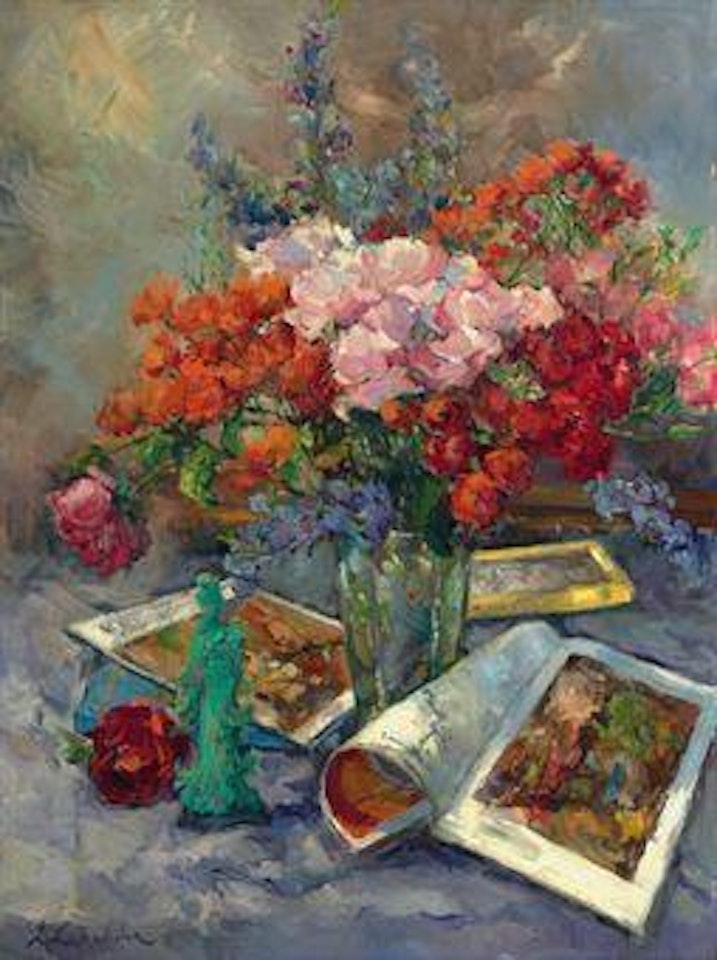 Still life with roses and Chinese figure by Georgij Aleksandrovic Lapschin