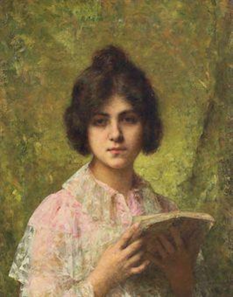 A young woman holding a book by Alexei Harlamoff