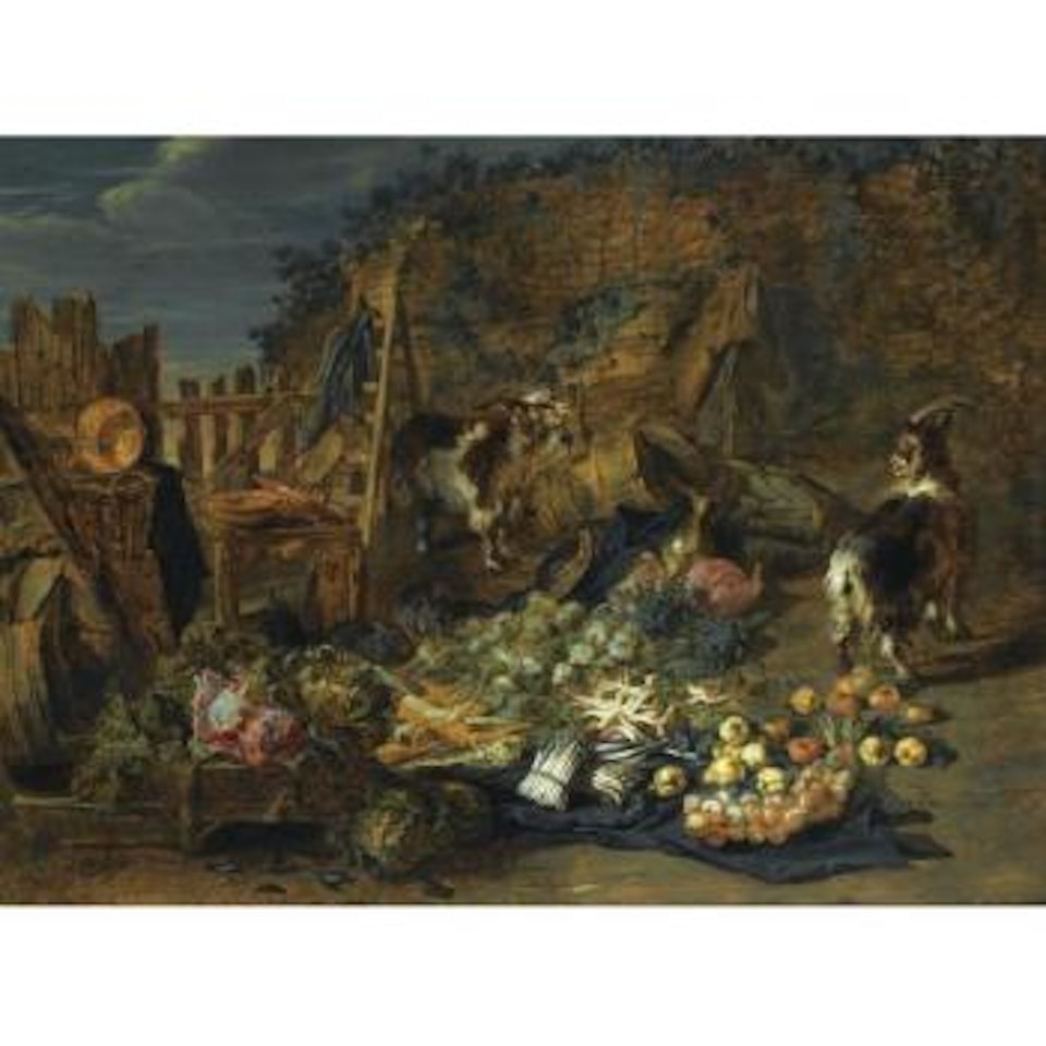 A Still Life Of Cabbages, Carrots, Asparagus, Onions, Pears And Apples Outside A Ruined Barn, Together With Two Goats And Three Rabbits by Jan Van Kessel The Elder