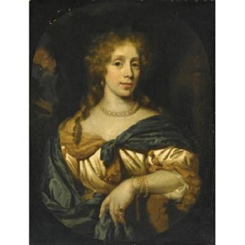 Portrait Of A Lady, Half Length, Wearing A White And Yellow Satin Dress With A Blue Shawl And Pearl Jewellery by Nicolaes Maes