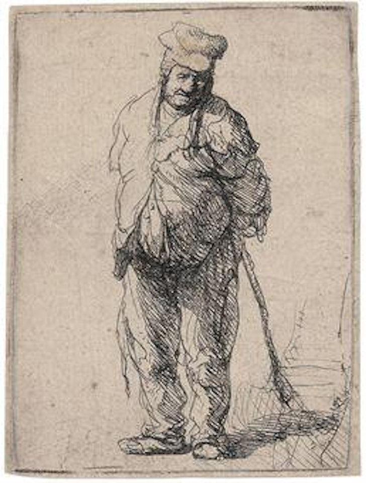 A ragged Peasant with his Hands behind him, holding a Stick (B., Holl. 172; H. 16) by Attributed to Rembrandt Harmensz van Rijn