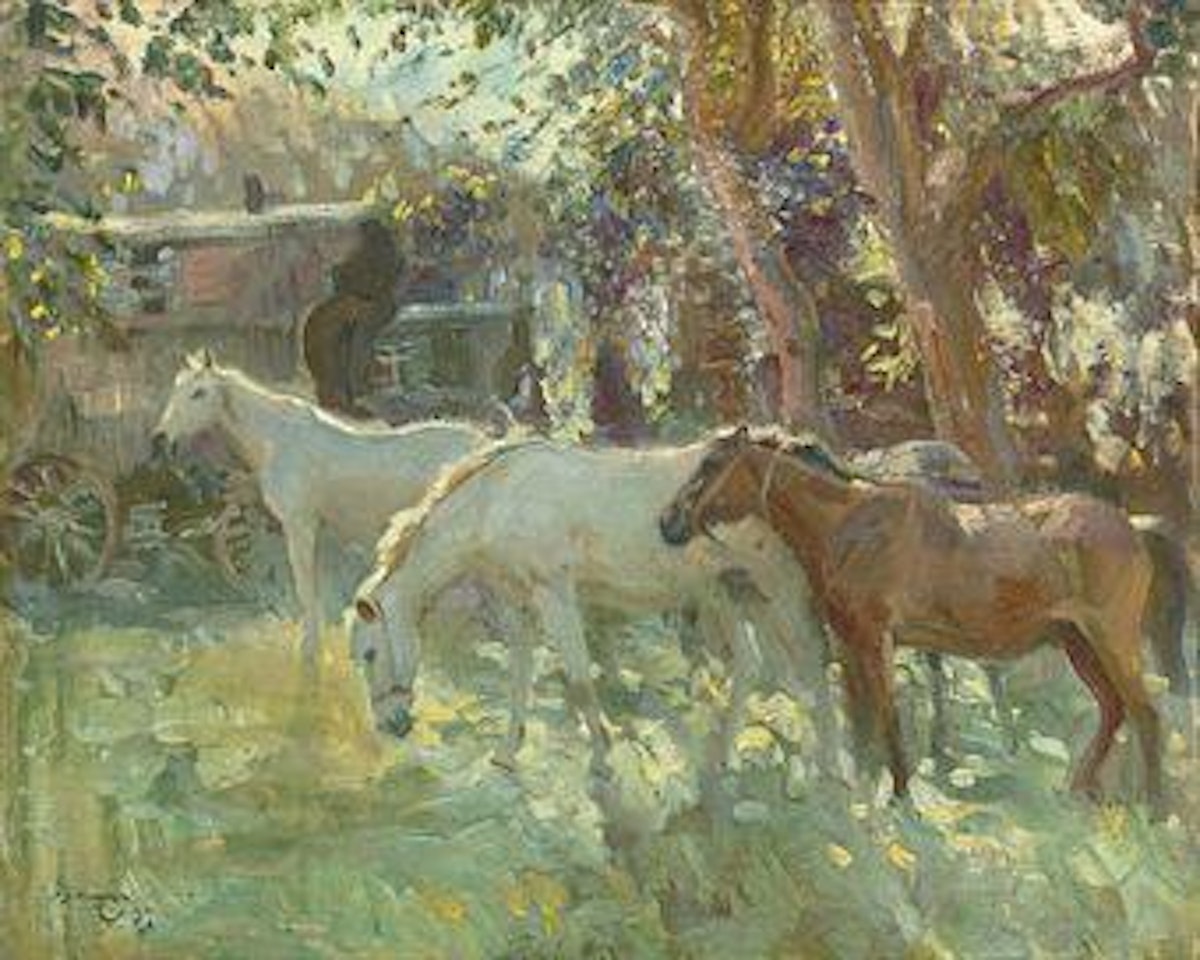 Horses and gypsy caravans by Alfred James Munnings