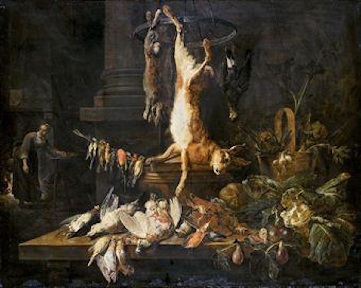 Composizione di ortaggi e cacciagione, con figura femminile by Adriaen van Utrecht