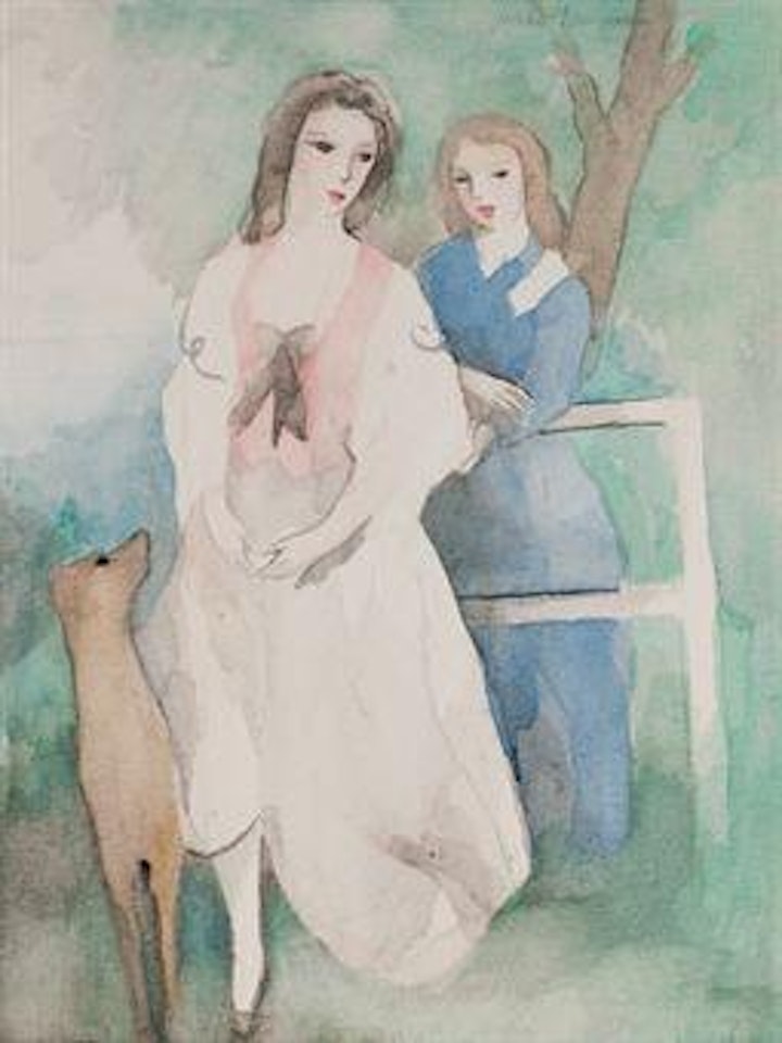 Deux jeunes filles et leur chien by Marie Laurencin