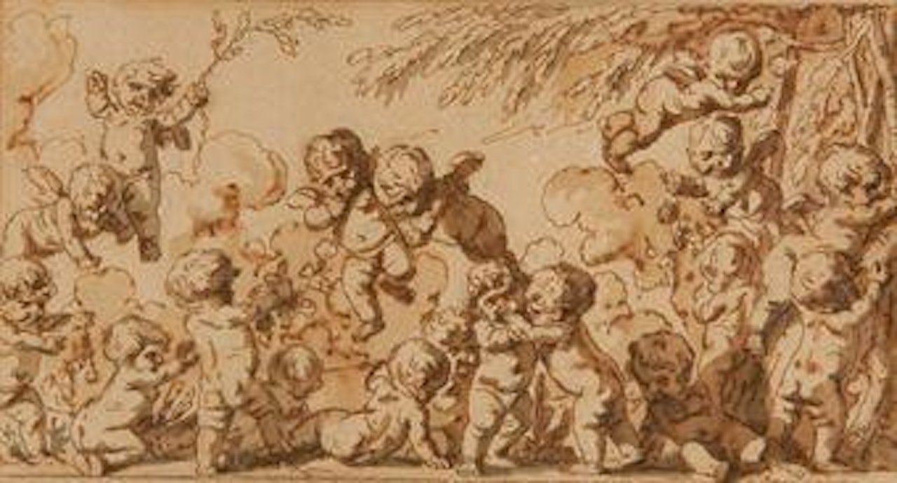 Putti jouant avec de la végétation près d'un arbre by Louis-Félix de la Rue