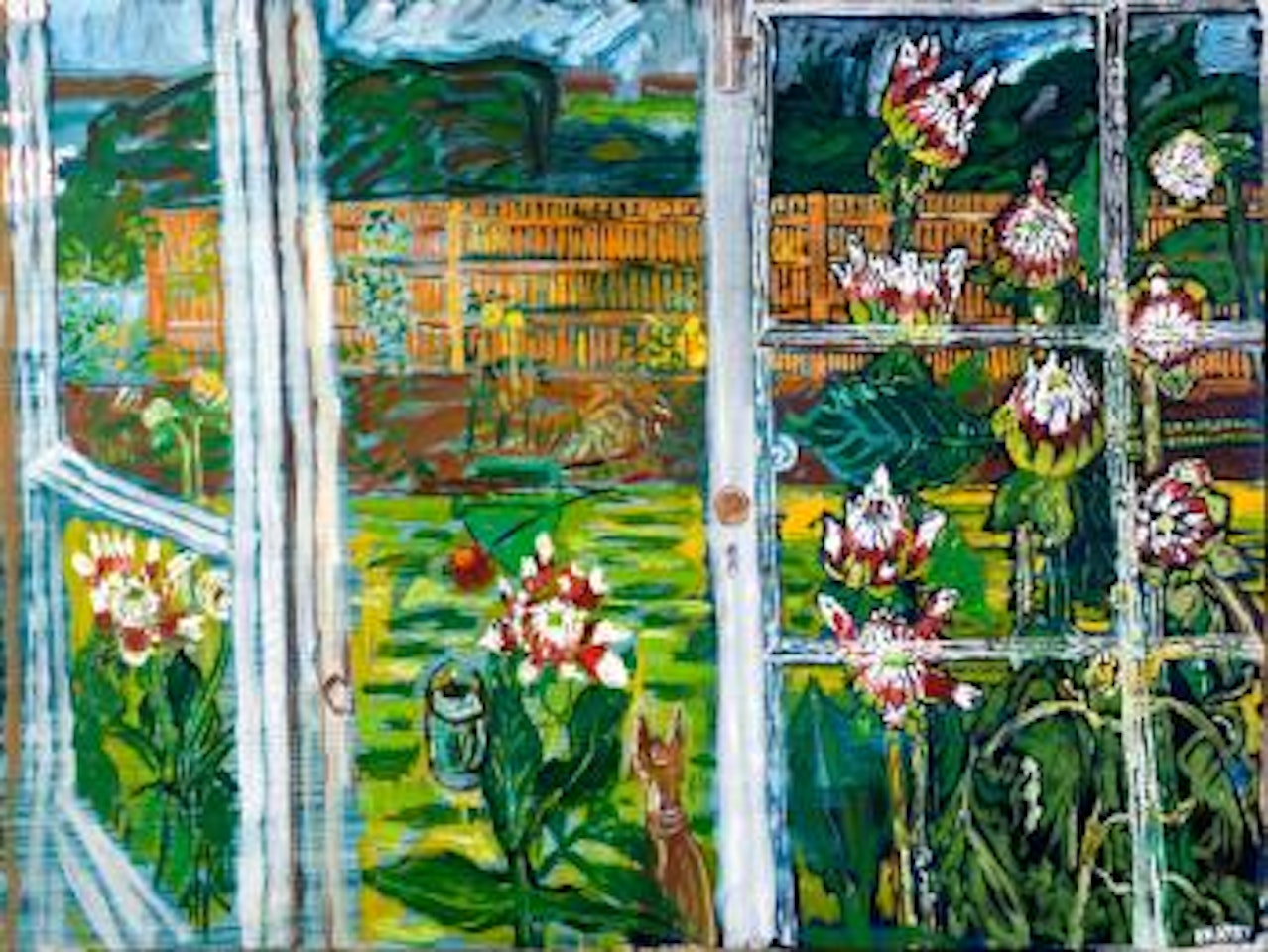 Red & white dahlias in the greenhouse by John Bratby