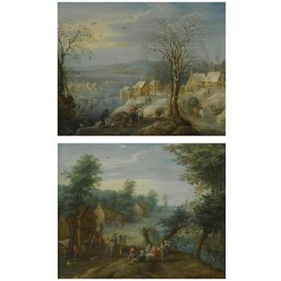 A Winter Landscape With Hunters And Skaters On A Frozen River Running Through A Village; A Summer Landscape With Villagers Resting By A Stream by Karel Beschey
