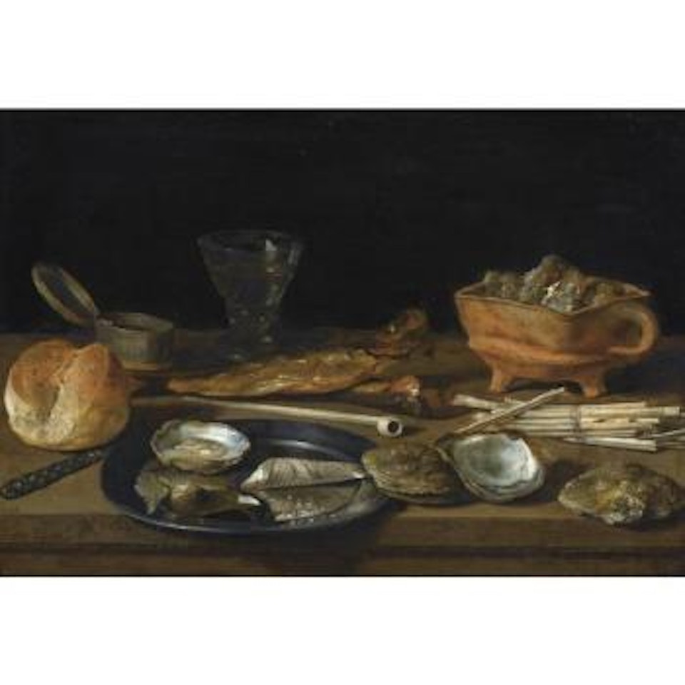 Still Life With A Brazier, A Wine-glass, A Bread Roll, Smoking Paraphenalia, Two Herrings And A Pewter Plate Adorned With Oysters And Tobacco Paper, All Arranged On A Table-top by Pieter Claesz
