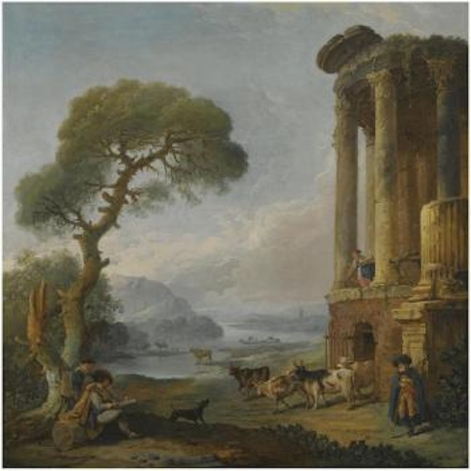 A River Landscape With An Artist Sketching Beneath A Ruined Temple, Possibly The Temple Of The Sibyl At Tivoli by Hubert Robert