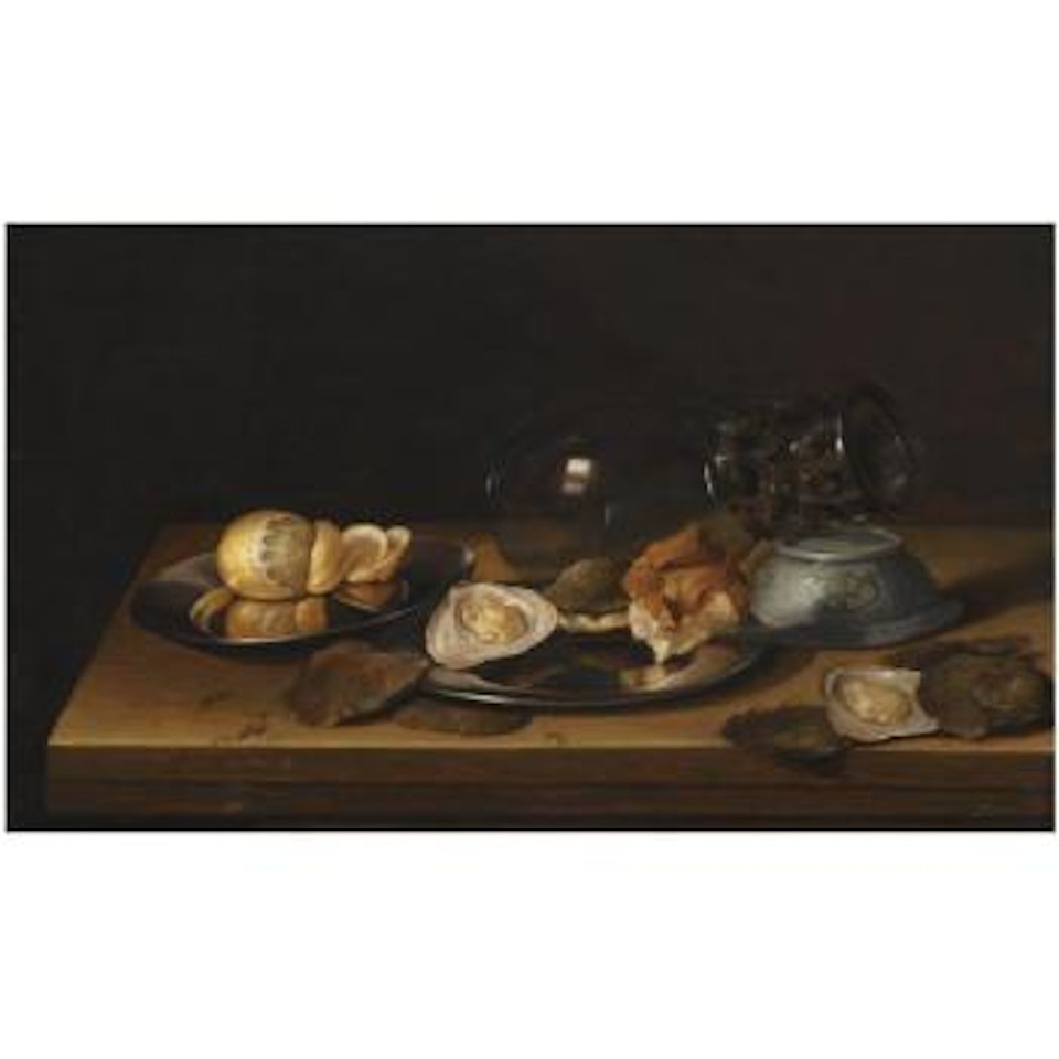 Still Life With A Roemer On Its Side, Two Pewter Plates Adorned With A Partly-peeled Lemon, An Oyster And A Bread Roll, All Arranged On A Wooden Table-top by Jan Davidsz de Heem