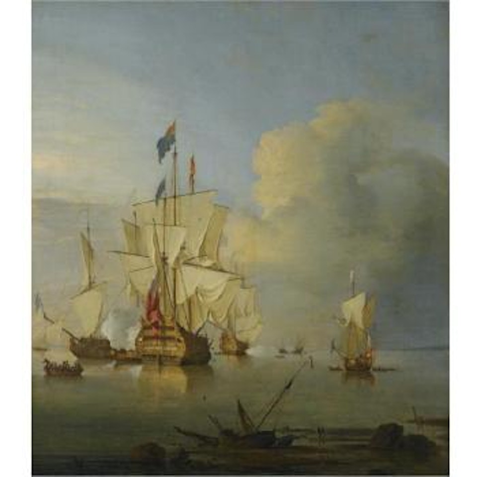 British Men Of War At Anchor With The Royal George Firing A Salute by Peter Monamy