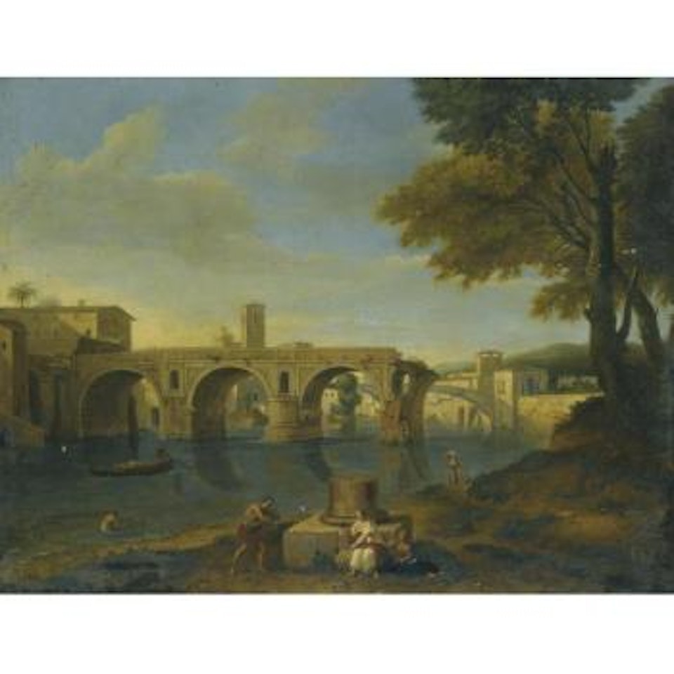 Rome, A View Of The Tiber With The Ponte Rotto And Peasants Fishing In The Foreground by Roman School