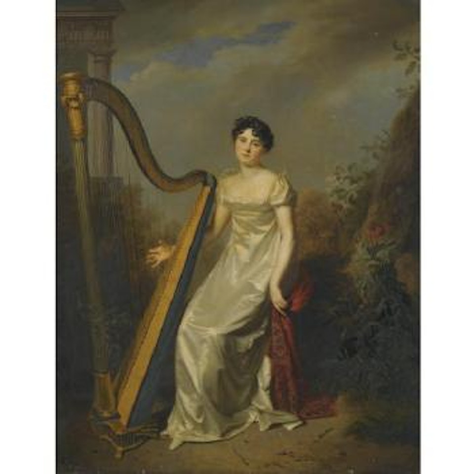 Portrait Of A Lady, Said To Be The Marquise De Chamillard, Wearing A White Dress And Seated Beside A Harp, A Landscape Beyond by Firmin Massot