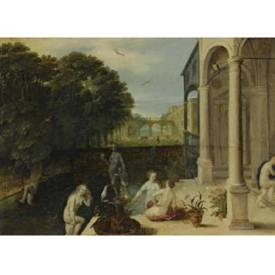 Nymphs Bathing In A Classical Garden Setting by Adriaen van Stalbemt