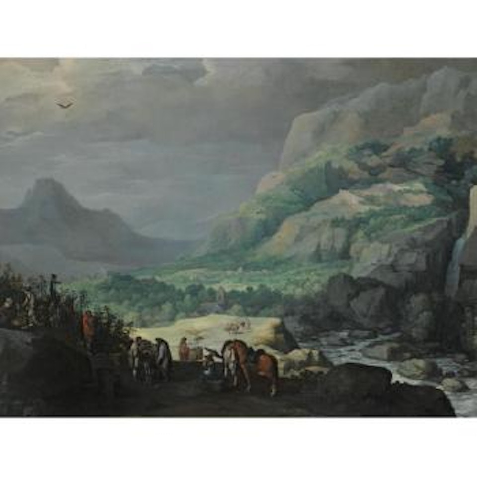 An Extensive Mountainous Landscape With Elegant Figures Picking Vines In The Foreground by Joos de Momper the Younger