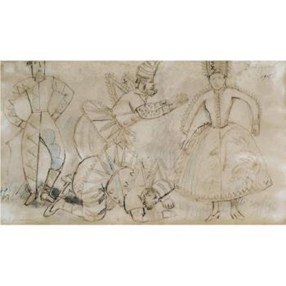 The Buffoon, His Wife And Two Of The Other Buffoons From The Production Of Chout by Mikhail Larionov