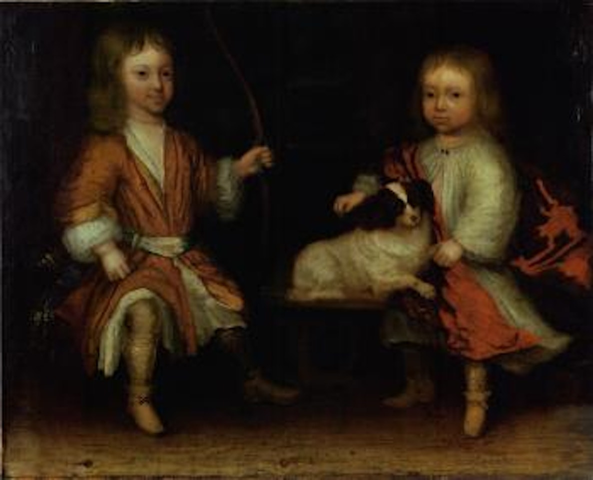 Portrait de deux jeunes enfants accompagnes d'un chien by Dutch School