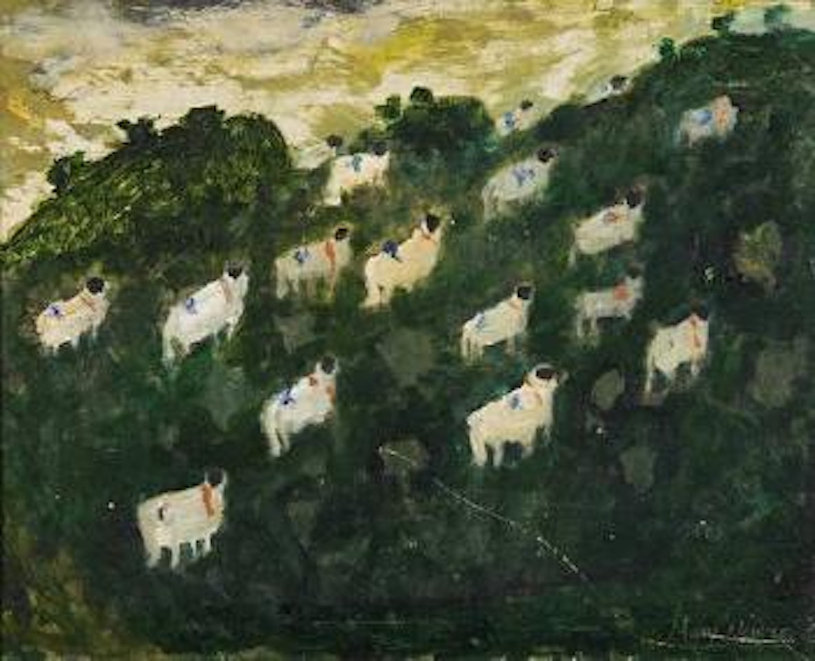 Sheep on a hillside by Mary Newcomb