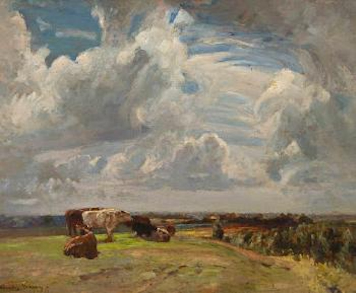 Cattle in a landscape beneath summer skies by John Arnesby Brown