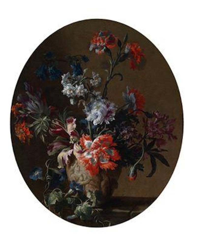 A still life of flowers in a sculpted stone vase by Jean Baptiste Monnoyer