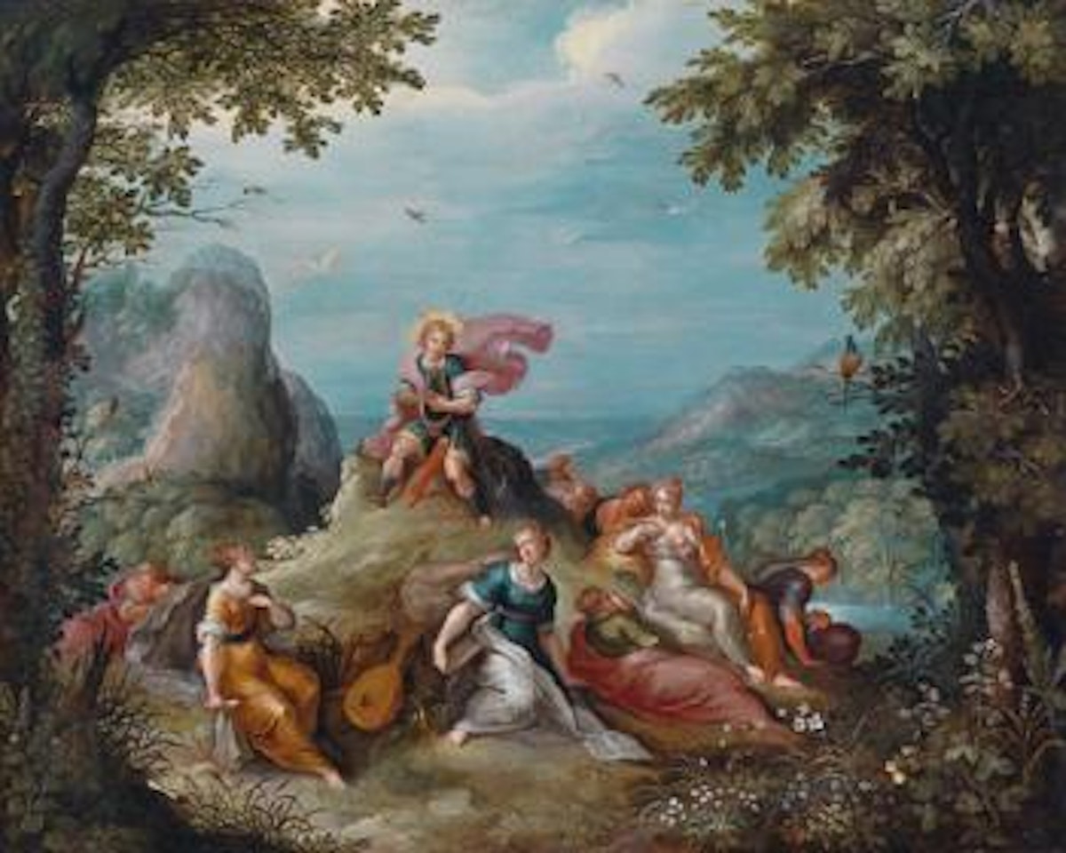 Apollo and the Muses on Mount Parnassus with Pegasus hovering above by Frans Francken by Abraham Govaerts