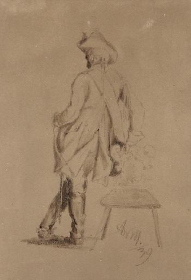 Stehender preußischer Soldat, von hinten gesehen. by Adolph Menzel