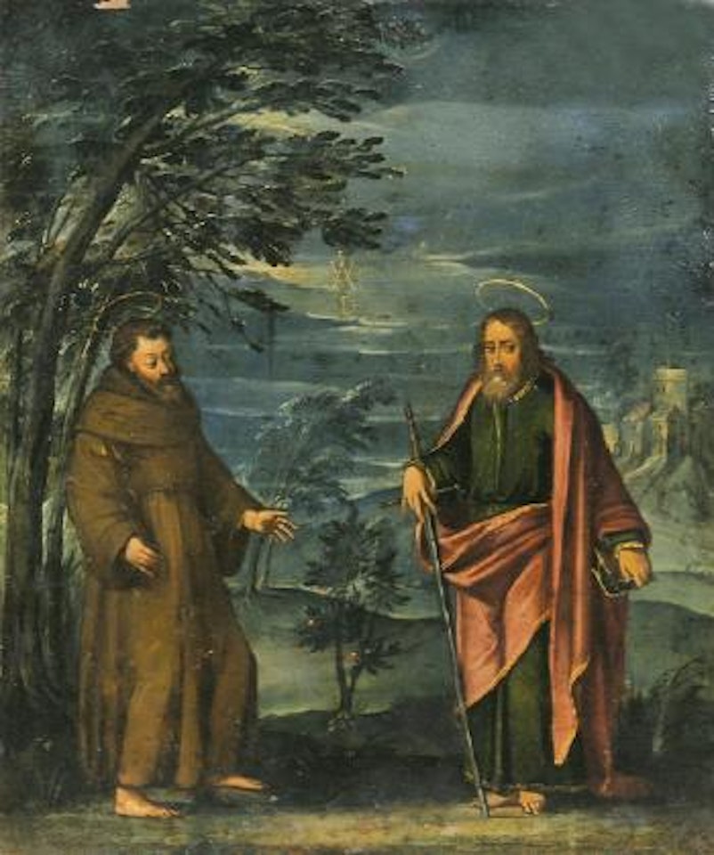 Franz von Assisi mit Stigmata und ein Heiliger mit Schwert und Buch in Landschaft, im Hintergrund eine Burg by German School