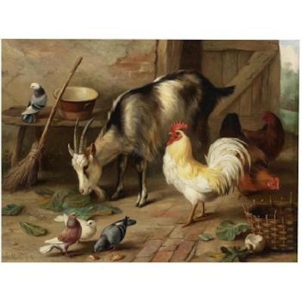 A Goat, Chicken And Doves In A Stable by Edgar Hunt