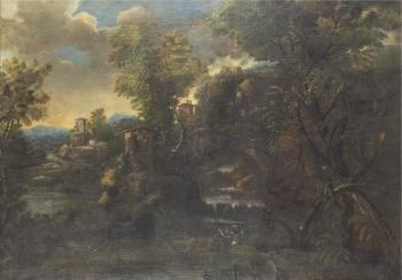 Klassicerande landskap med figurer by Alessandro Magnasco