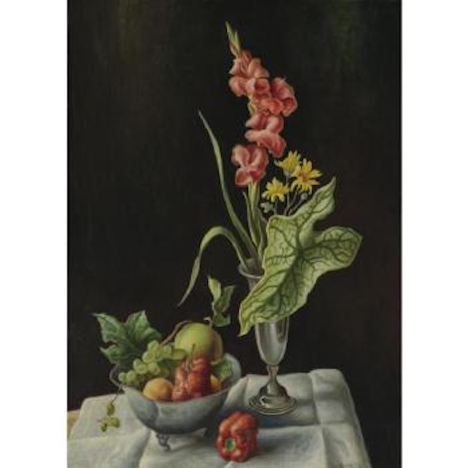 Still Life With Fruit And Flowers On A Table Top by Thomas Hart Benton