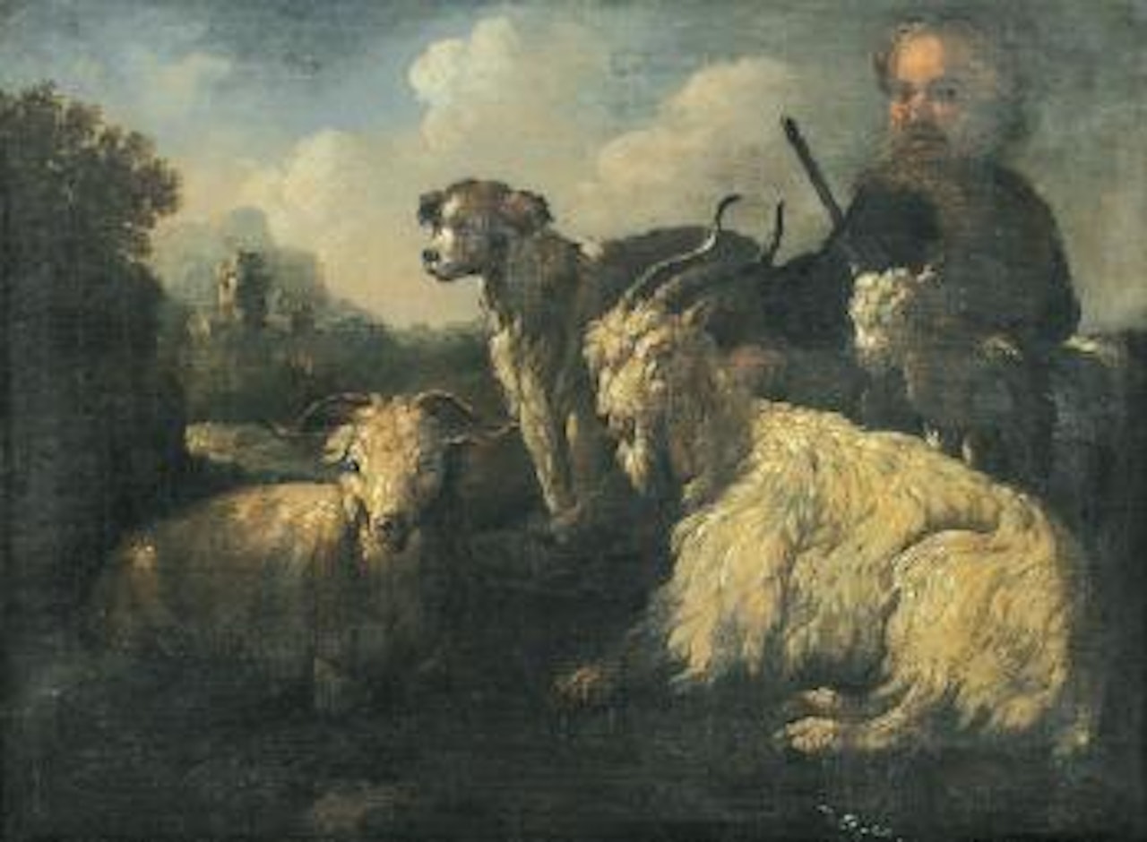 Hirte mit Ziegen, Widder und Hund vor Gewitterlandschaft. by Philipp Peter Roos
