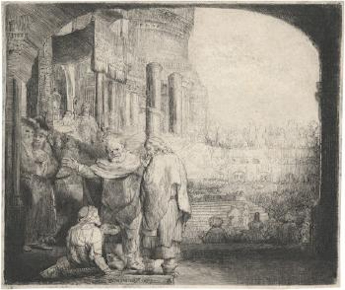 Petrus und Johannes an der Pforte des Tempels. by Attributed to Rembrandt Harmensz van Rijn