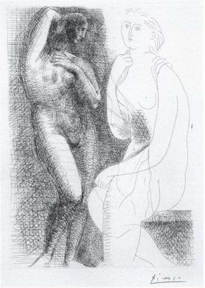 Femme nue devant une Statue. by Pablo Picasso