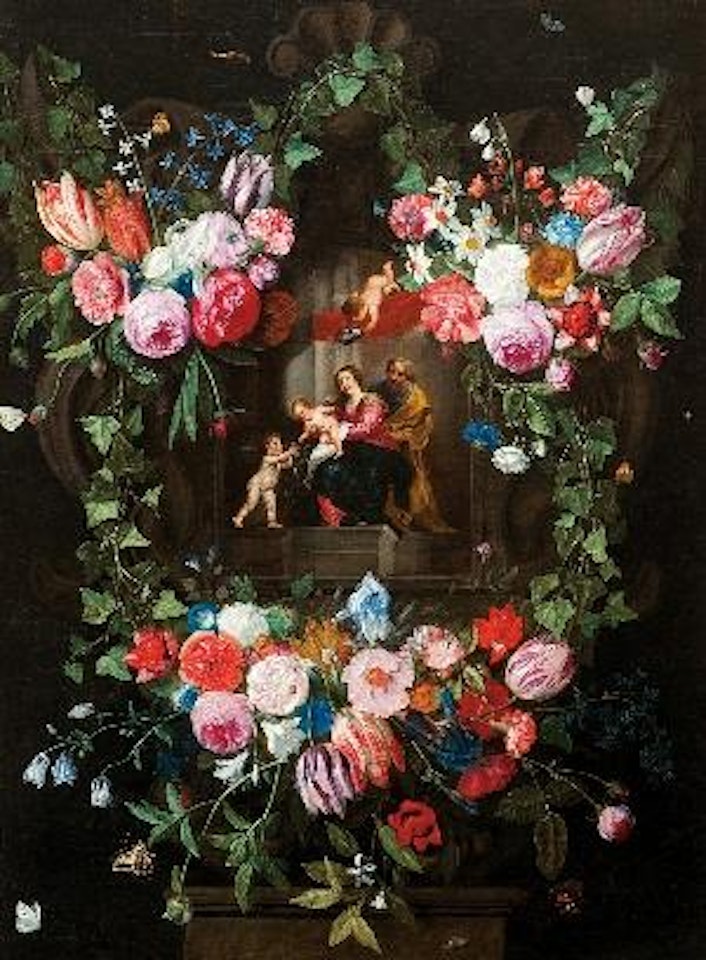 Bloemenguirlande met Heilige Familie en de kleine Johannes de doper by Jan Van Kessel The Elder