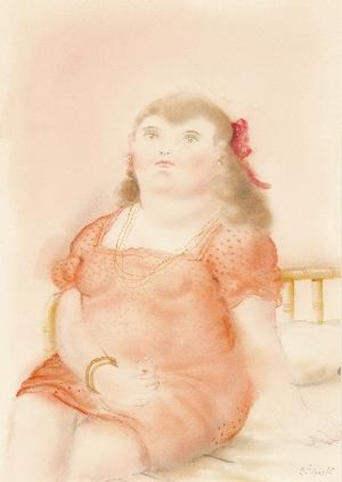 Woman in a red dress sitting on a bed by Fernando Botero