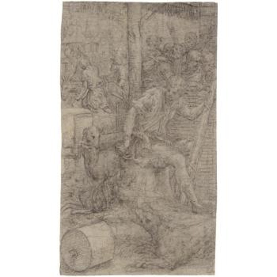A Young Shepherd Seated On A Tree Trunk, Three Dogs Beside Him, Figures Beyond And Houses In The Background by Giulio Campi