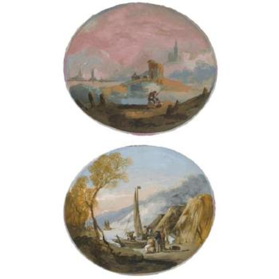 Pair Of Oval Capriccio Landscapes With Figures By A Lake, One With A Bridge And Buildings, The Other With Straw Huts Near The Shore And Both With Boats by Giuseppe Bernardino Bison