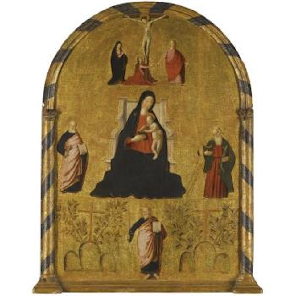 The Madonna And Child Enthroned With The Crucifixion And Saints Peter, Andrew And Paul, Together With The Insignia Of Monte Oliveto Maggiore by Pietro Buono